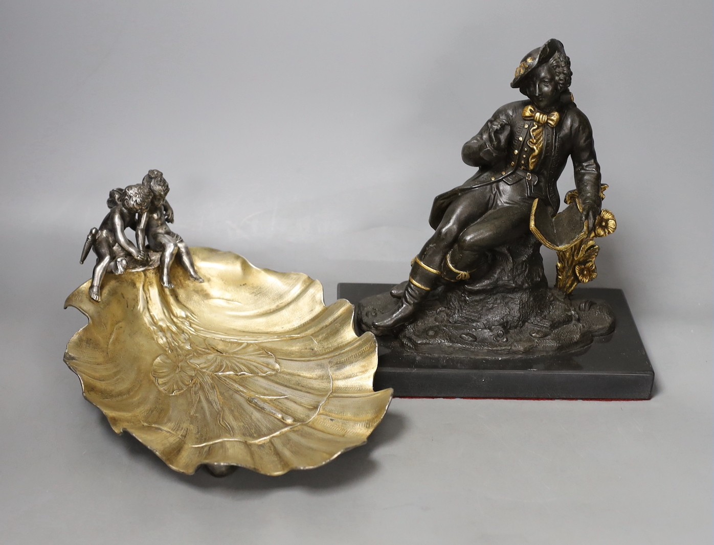 A WMF style plated ‘cherub’ shell dish, and a spelter figure of a seated male reading